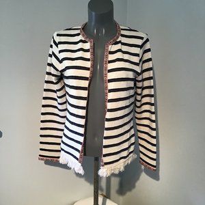 Rich & Royal Striped Open Front Jacket with Fringe Hem